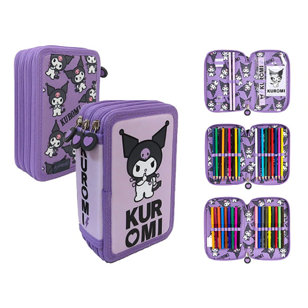 Penar 20X14X7 cm Kuromi Violet cu accesorii, 3 compartimente, textil Penar 20X14X7 cm Kuromi Violet cu accesorii, 3 compartimente, textil