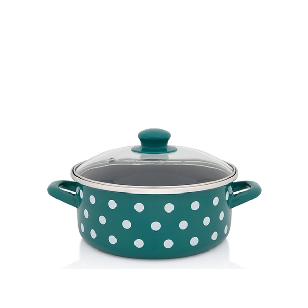 Cratita emailata Green Dots 22 cm, 3.5 l, capac din sticla Cratita emailata Green Dots 22 cm, 3.5 l, capac din sticla