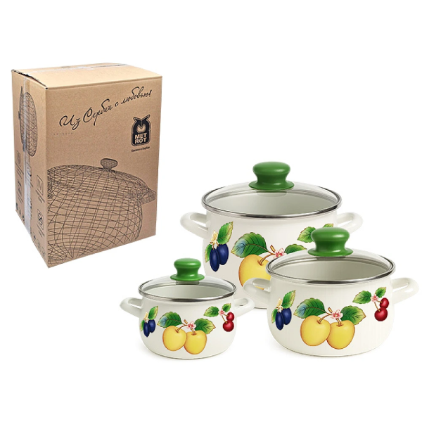 Set cratite emailat Fructe 3buc, capac din sticla Set cratite emailat Fructe 3buc, capac din sticla