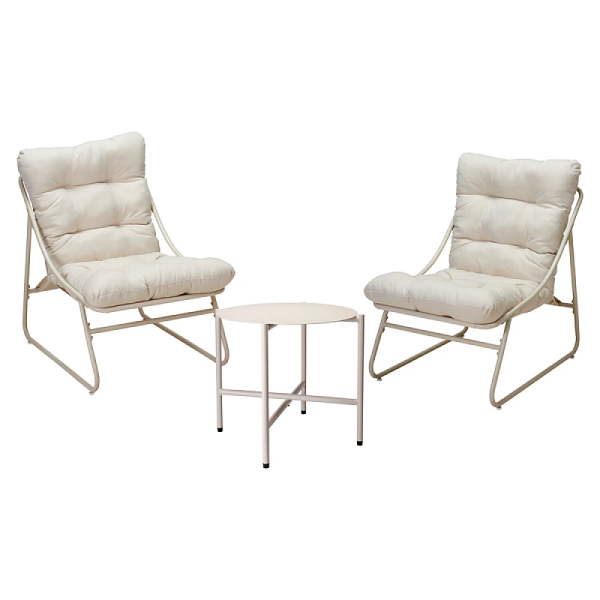 Set mobilier 5 unitati: masa D45XH40 cm, 2 fotoli 78X58XH76.5 cm, 2 saltele, alb Set mobilier 5 unitati: masa D45XH40 cm, 2 fotoli 78X58XH76.5 cm, 2 saltele, alb