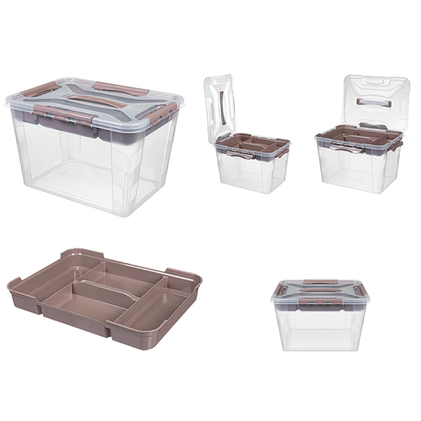 Organizator cu capac cu clame Econova Grand box 20 l, 39X29X24.5cm, maro, maner Organizator cu capac cu clame Econova Grand box 20 l, 39X29X24.5cm, maro, maner