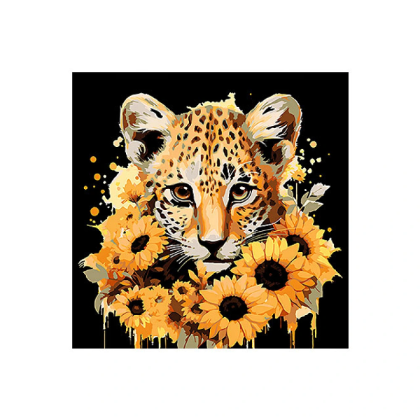 Pictura dupa numere 30X30 cm fundal negru Animale "Leopard si floarea-soarelui aurie" Pictura dupa numere 30X30 cm fundal negru Animale "Leopard si floarea-soarelui aurie"