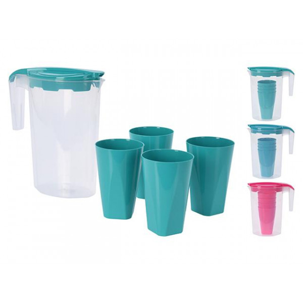 Set ulcior 1.75l si 4 pahare 200ml EH, 3 culori, din plastic Set ulcior 1.75l si 4 pahare 200ml EH, 3 culori, din plastic