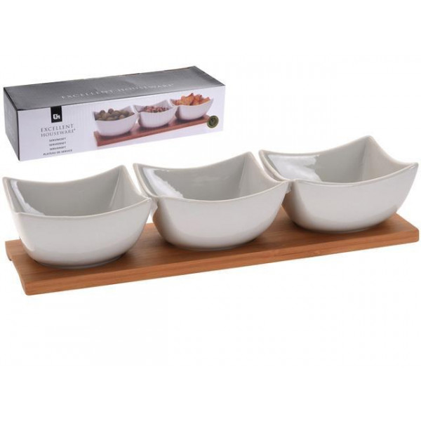 Set pentru aperitiv EH 4buc portelan, suport din lemn 30X10.5cm Set pentru aperitiv EH 4buc portelan, suport din lemn 30X10.5cm