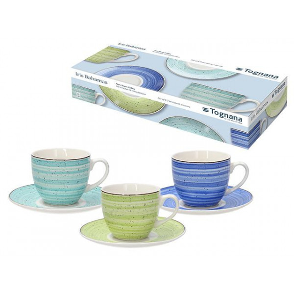 Set cani 6buc, Tognana Bahamas cu farfurioare, 3 culori, por?elan