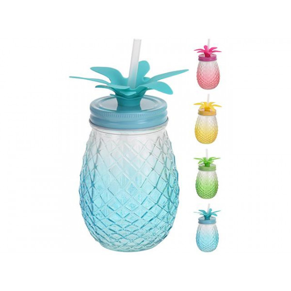 Borcan din sticla EH "ananas" 400ml cu paie Borcan din sticla EH "ananas" 400ml cu paie
