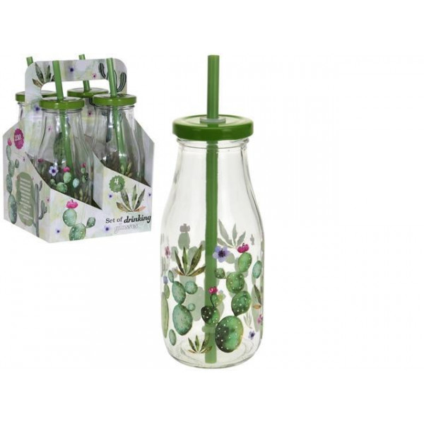 Set sticle pentru bauturi cu pai EH 4buc, 330ml "cactus" cu suport Set sticle pentru bauturi cu pai EH 4buc, 330ml "cactus" cu suport