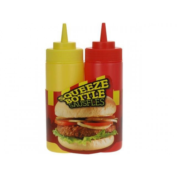 Set de 2 sticle pentru sosuri BBQ, 400 ml, din plastic, 2 culori Set de 2 sticle pentru sosuri BBQ, 400 ml, din plastic, 2 culori