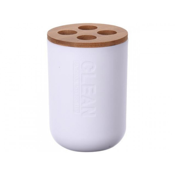 Păhar pentru periuțe de dinți Bathroom 11cm, capac din bambus, albă din plastic Păhar pentru periuțe de dinți Bathroom 11cm, capac din bambus, albă din plastic