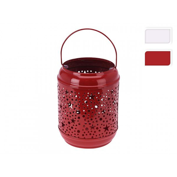 Sfesnic metalic "Felinar perforat" D10X13cm, alb/rosu