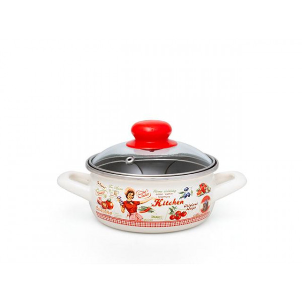 Кастрюля эмалированная Kitchen 14cm, 1.05l, крышка стекло