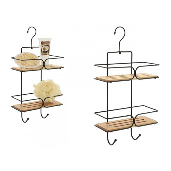 Raft de perete suspendabil cu 2 nivele+2 Cârlige cadă 11X25X50cm, metal/bambus, negru