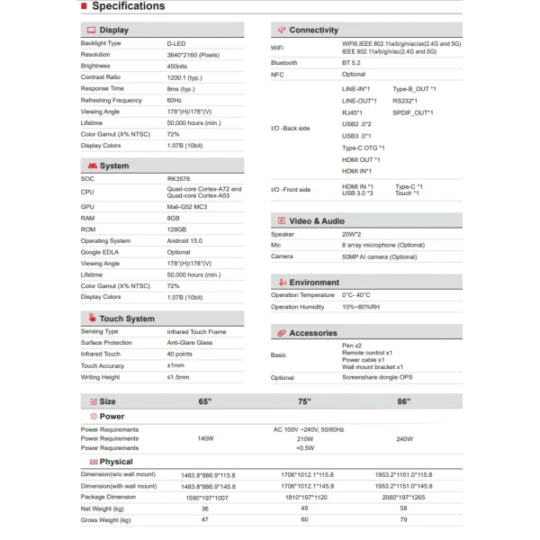 Interactive Display QD-E8143062 86 inches 3576 8/128GB Android 14
