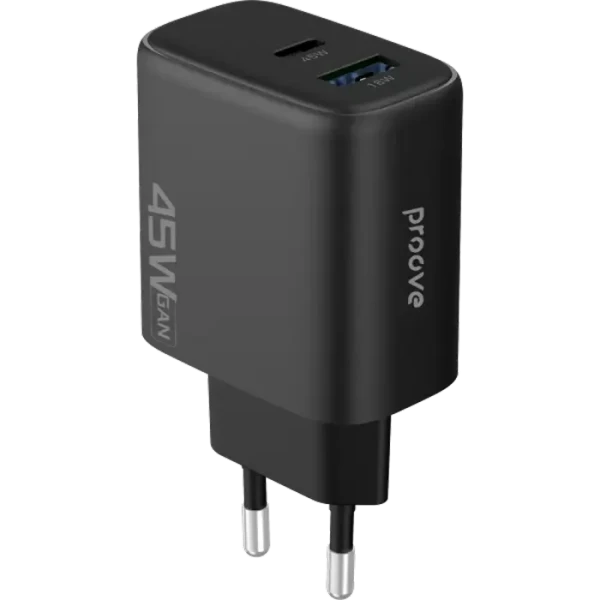 Incarcator Proove, Silicone Power 45W, USB+Type-C, (fara cablu), Black Incarcator Proove, Silicone Power 45W, USB+Type-C, (fara cablu), Black