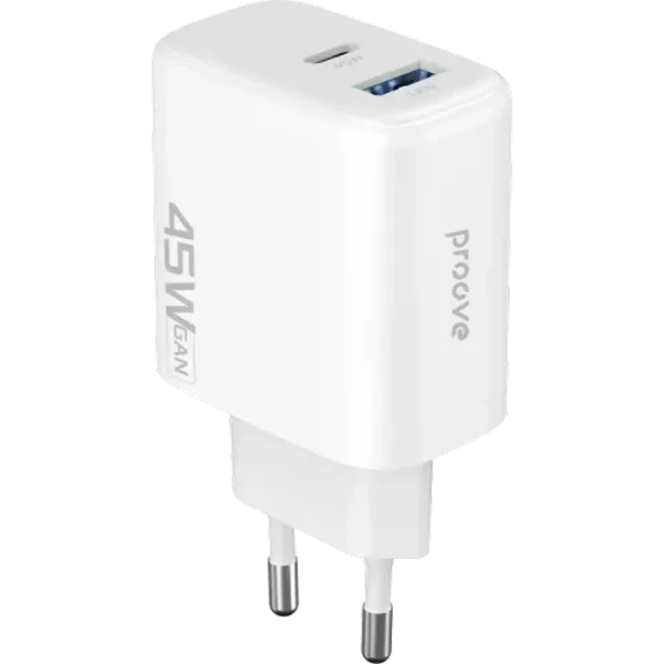 Incarcator Proove, Silicone Power 45W, USB+Type-C, (fara cablu) White Incarcator Proove, Silicone Power 45W, USB+Type-C, (fara cablu) White
