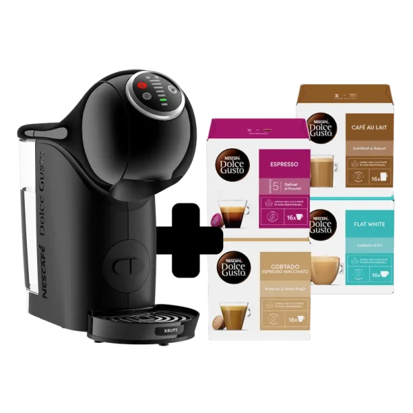 Cafetiera cu capsule Krups Genio S Plus + Capsule Nescafe Dolce Gusto, 1500W, Negru Cafetiera cu capsule Krups Genio S Plus + Capsule Nescafe Dolce Gusto, 1500W, Negru