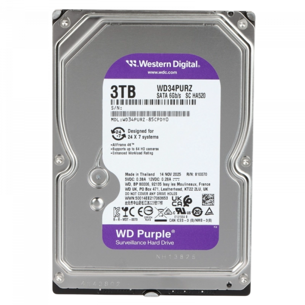 Жесткий диск Western Digital WD Purple 3 ТБ - 3.5" | 175 МБ /с | SATA-3 (6 Гбит/сек) Жесткий диск Western Digital WD Purple 3 ТБ - 3.5" | 175 МБ /с | SATA-3 (6 Гбит/сек)
