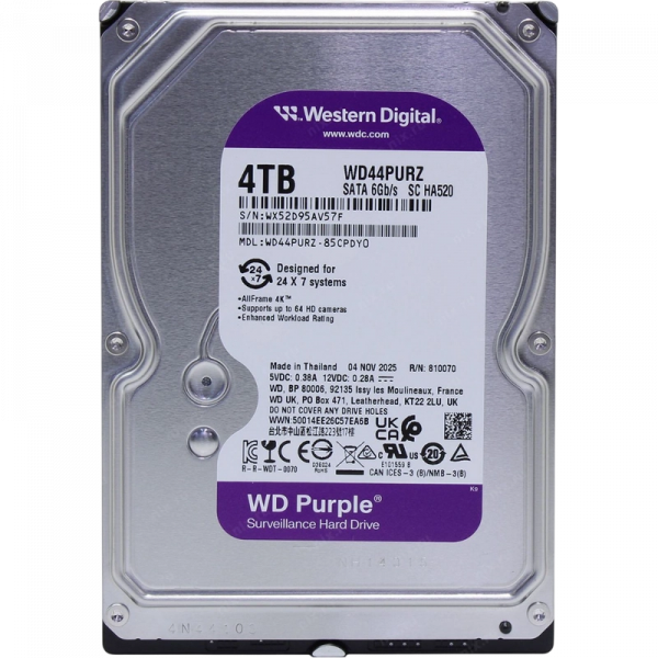 Жесткий диск Western Digital WD Purple 4 ТБ - 3.5" | 175 МБ /с | SATA-3 (6 Гбит/сек) Жесткий диск Western Digital WD Purple 4 ТБ - 3.5" | 175 МБ /с | SATA-3 (6 Гбит/сек)