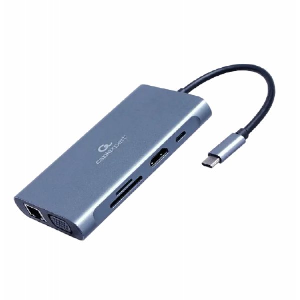 Видеоадаптер Cablexpert A-CM-COMBO7-01, USB Type-C - LAN, VGA, HDMI, USB Type-C, USB Type-A, SD card-reader, Серый