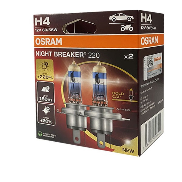 Комплект галогенных ламп Osram 64193 NB220-2HB +220% H4 12V 60/55W Комплект галогенных ламп Osram 64193 NB220-2HB +220% H4 12V 60/55W