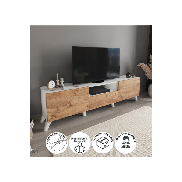 Comoda TV decorativa cu cadru metalic Nex Home 160 cm, Alb/Stejar