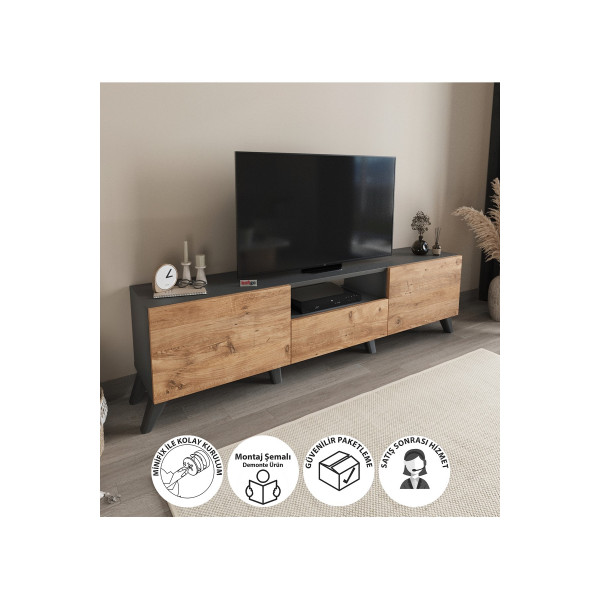 Comoda TV decorativa cu cadru metalic Nex Home 160 cm, Antracit/Stejar