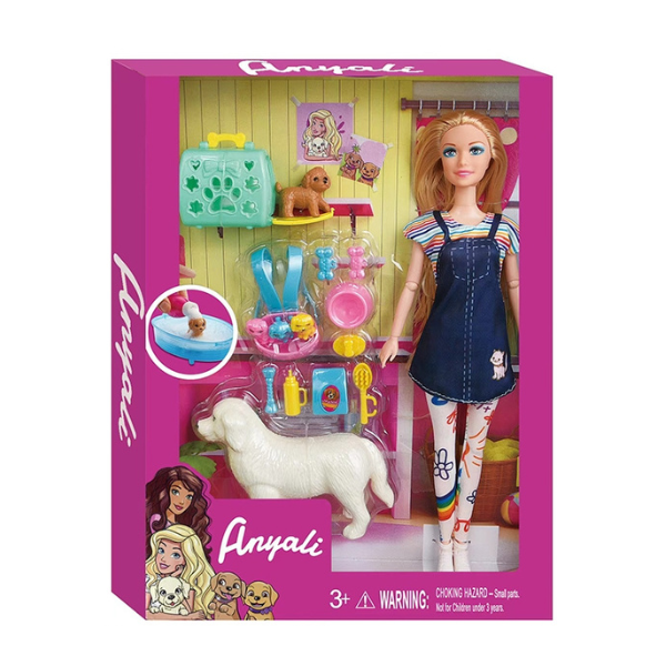 Set de joacă „Păpușă cu set pentru animale de companie”, în rochie de vară