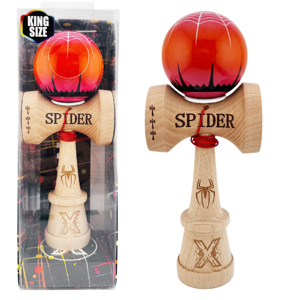 «Kendama Super Sticky X Original», rulment metalic, ața 62/65 cm, King size 7.5 x 6 x 18 cm, „Păianjen” roșie