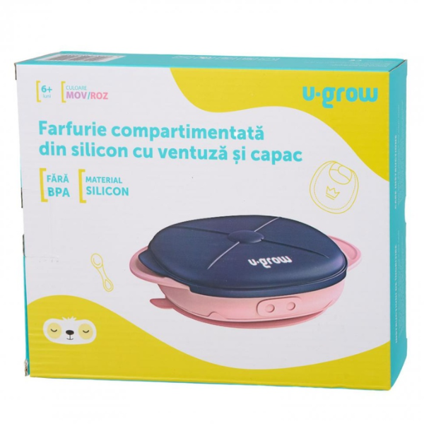 Farfurie compartimentata din silicon U-Grow cu ventuza si capac, mov-roz Farfurie compartimentata din silicon U-Grow cu ventuza si capac, mov-roz