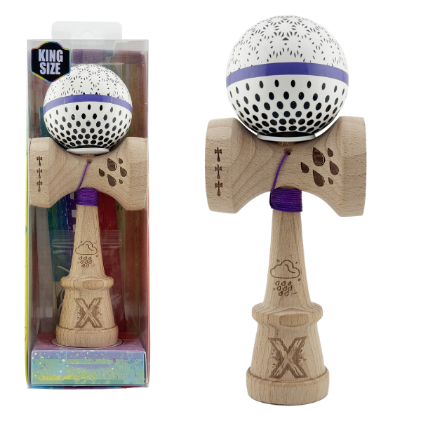 «Kendama Super Sticky X Original», rulment metalic, ața 62/65 cm, King size 7.5 x 6 x 18 cm, „Picături de ploaie”, albă