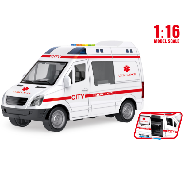 1:16 Ambulanță cu inerție (lumini /sunete/ușile se deschid) 1:16 Ambulanță cu inerție (lumini /sunete/ușile se deschid)