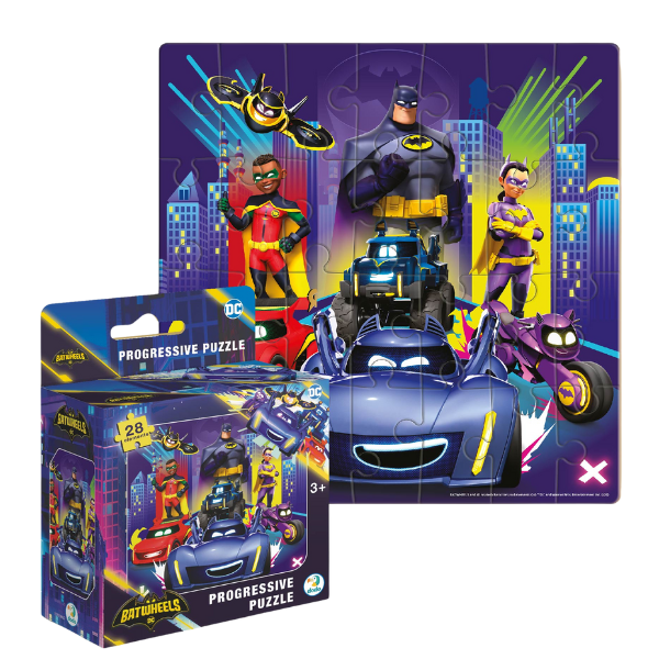 Puzzle „Batwheels: Chem pe toți betmobiliștii”, seria Progressive, 28 elem.