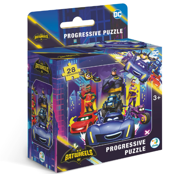 Puzzle „Batwheels: Chem pe toți betmobiliștii”, seria Progressive, 28 elem. Puzzle „Batwheels: Chem pe toți betmobiliștii”, seria Progressive, 28 elem.