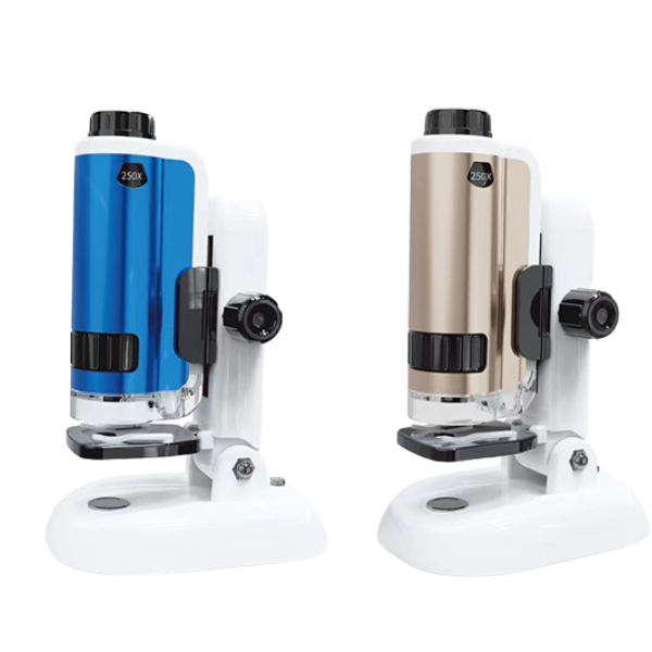 Microscop cu un set mare de accesorii, albastru și auriu Microscop cu un set mare de accesorii, albastru și auriu