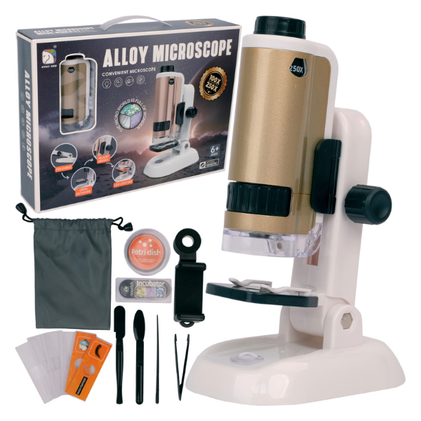 Microscop cu un set mare de accesorii, albastru și auriu Microscop cu un set mare de accesorii, albastru și auriu