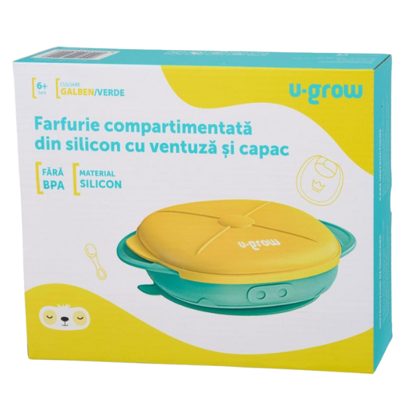 Farfurie compartimentata din silicon U-Grow cu ventuza si capac, galben-verde Farfurie compartimentata din silicon U-Grow cu ventuza si capac, galben-verde