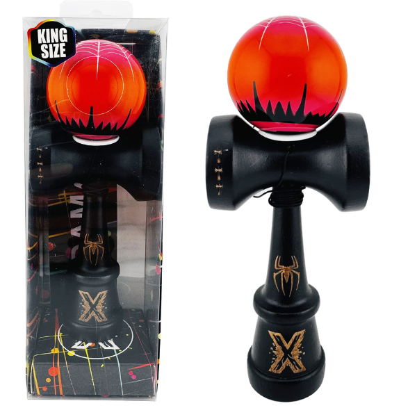 «Kendama Super Sticky X Original», rulment metalic, ața 62/65 cm, King size 7.5 x 6 x 18 cm, „Păianjen” negru-roșu