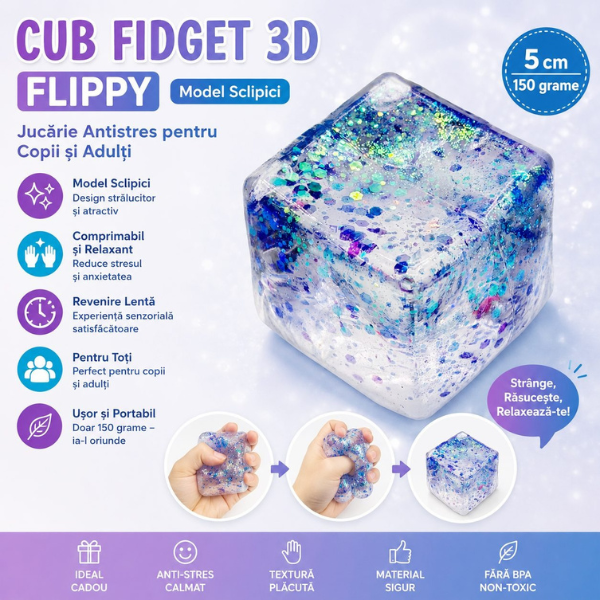 Cub antistres „Squish Stretch Ball” cu sclipici, 5×5×5 cm Cub antistres „Squish Stretch Ball” cu sclipici, 5×5×5 cm