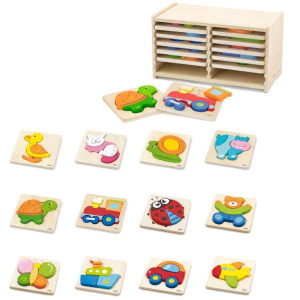 Set de mini-puzzle-uri din lemn cu suport, 12 buc. Set de mini-puzzle-uri din lemn cu suport, 12 buc.