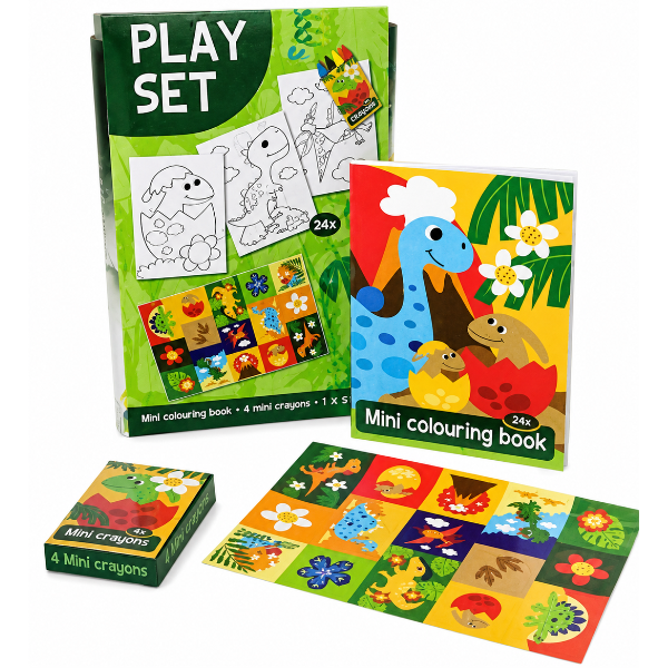 Set creativ „Dinozauri” cu carte de colorat, stickere și creioane cerate Set creativ „Dinozauri” cu carte de colorat, stickere și creioane cerate
