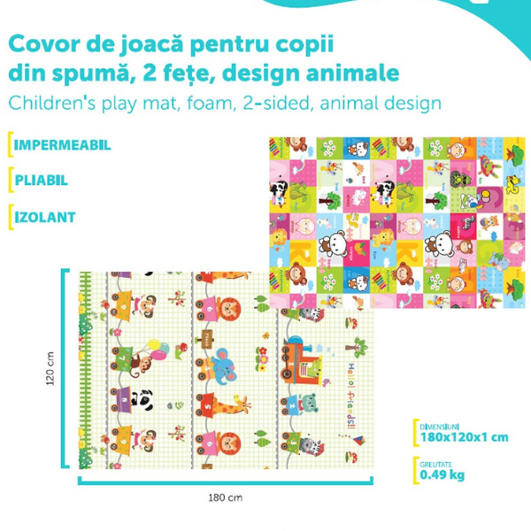 Covoras educativ cu 2 fete, impermeabil, cu animăluțe, 180 x 120 x 1 cm Covoras educativ cu 2 fete, impermeabil, cu animăluțe, 180 x 120 x 1 cm