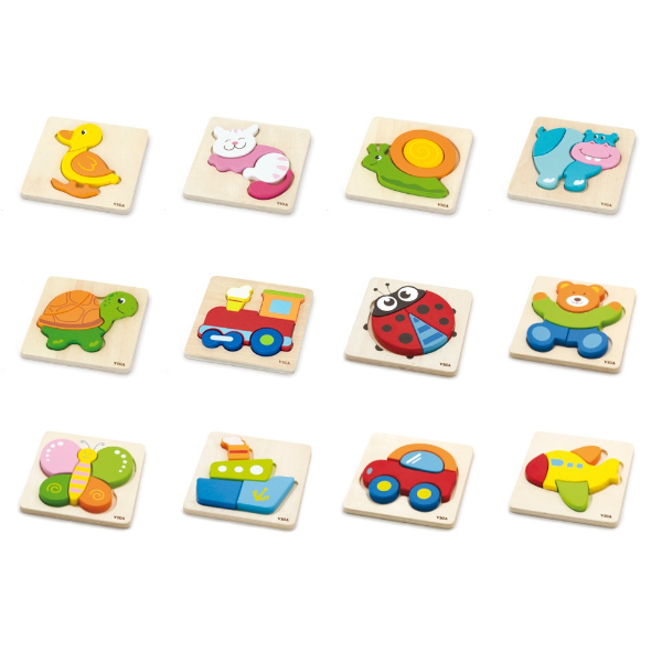 Set de mini-puzzle-uri din lemn cu suport, 12 buc. Set de mini-puzzle-uri din lemn cu suport, 12 buc.