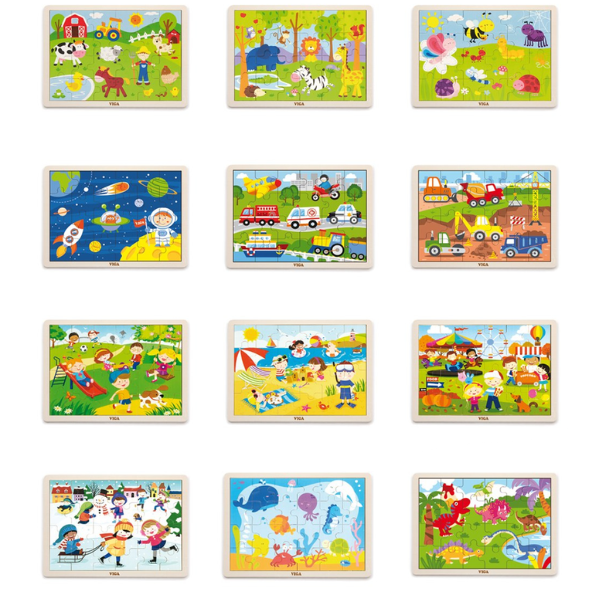 Set de puzzle-uri din lemn cu suport, 12 puzzle-uri a câte 24 piese Set de puzzle-uri din lemn cu suport, 12 puzzle-uri a câte 24 piese