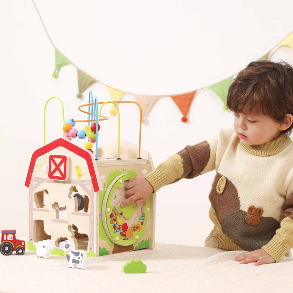 Cub educativ din lemn „Ferma”, 7 în 1 Cub educativ din lemn „Ferma”, 7 în 1