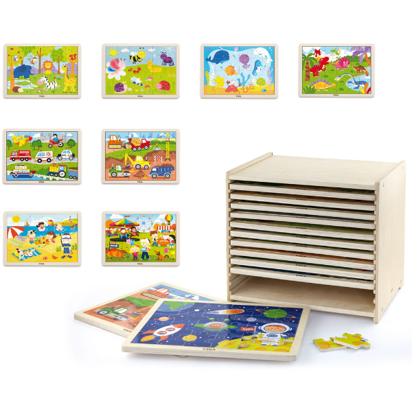 Set de puzzle-uri din lemn cu suport, 12 puzzle-uri a câte 24 piese Set de puzzle-uri din lemn cu suport, 12 puzzle-uri a câte 24 piese