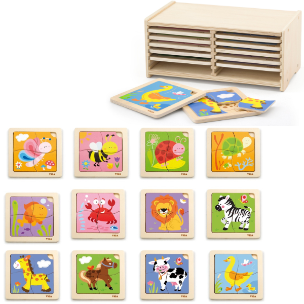 Set de puzzle-uri din lemn cu suport, 12 puzzle-uri Set de puzzle-uri din lemn cu suport, 12 puzzle-uri