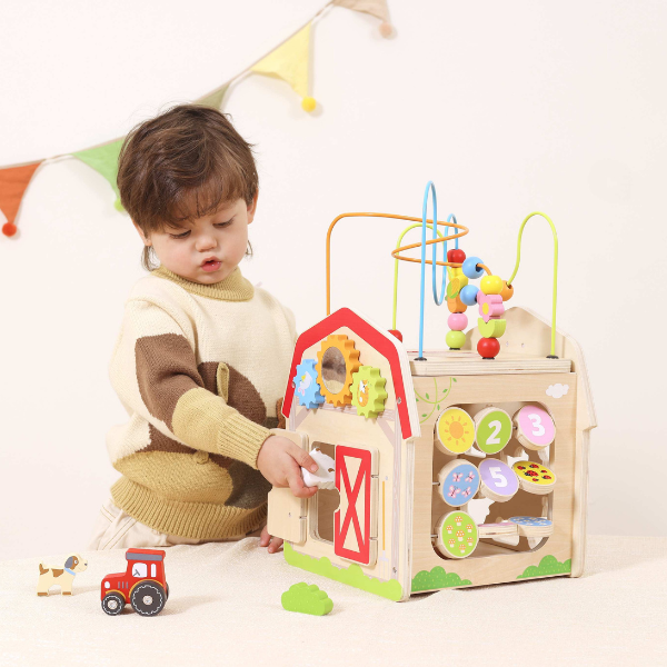 Cub educativ din lemn „Ferma”, 7 în 1 Cub educativ din lemn „Ferma”, 7 în 1