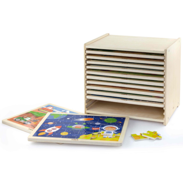 Set de puzzle-uri din lemn cu suport, 12 puzzle-uri a câte 24 piese Set de puzzle-uri din lemn cu suport, 12 puzzle-uri a câte 24 piese