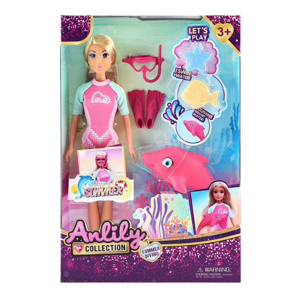#01 Păpușă înotătoare cu delfin și accesorii, 29 cm #01 Păpușă înotătoare cu delfin și accesorii, 29 cm