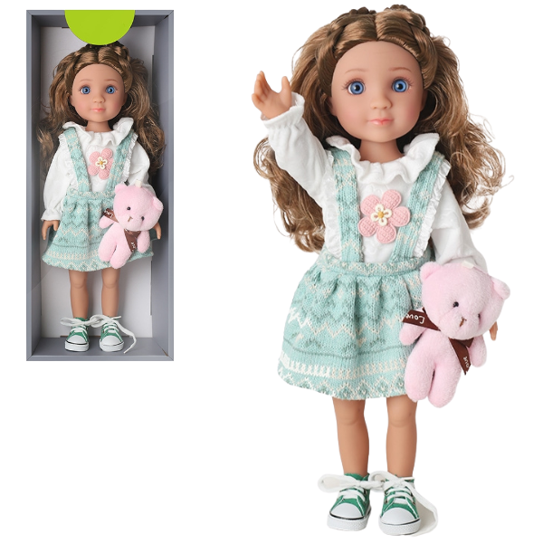 #01 Păpușă cu ursuleț de pluș și rochie verde mentă, 40 cm